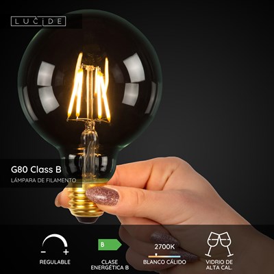 Lucide G80 Class B - Lámpara de filamento - Ø 8 cm - LED Regul. - E27 - 1x7W 2700K - Transparente